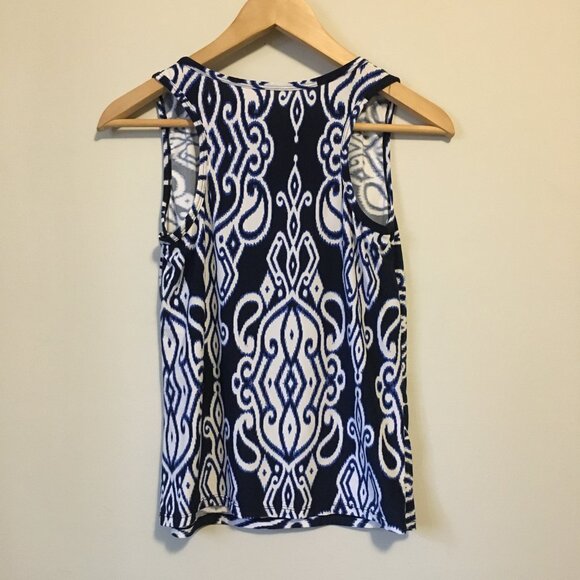 Tribal Print Navy Blue and White Stretchy Tank Top - Picture 2 of 11